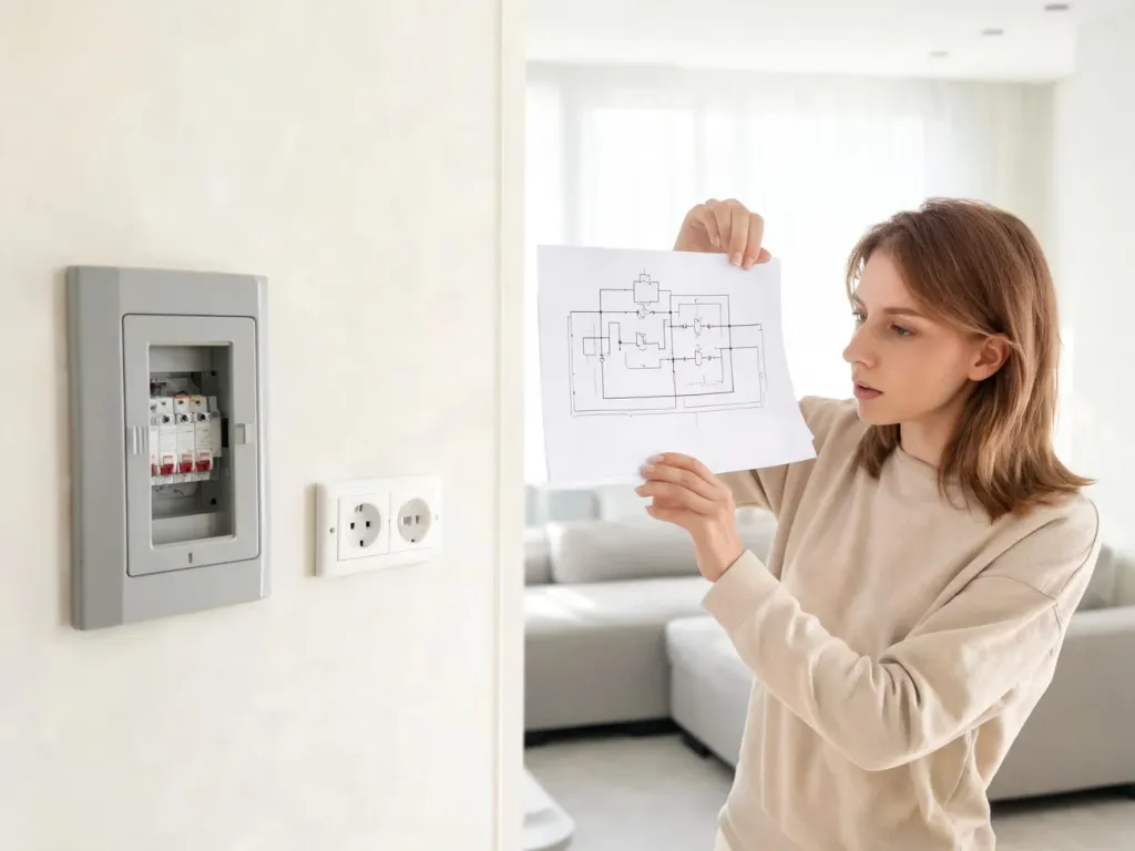 Osoba w nowoczesnym salonie analizuje prosty wydrukowany schemat instalacji elektrycznej obok rozdzielnicy i gniazdka.