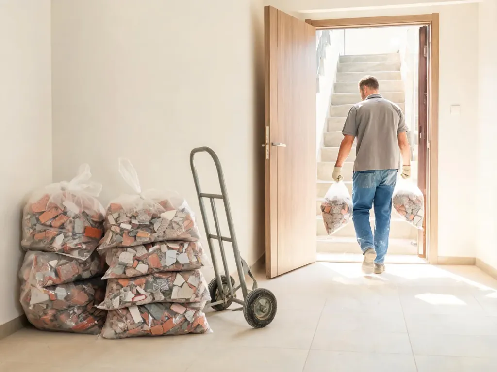 Pracownik wynosi lekkie worki z gruzem z jasnego mieszkania, obok stoją wypełnione worki i wózek do transportu gruzu.