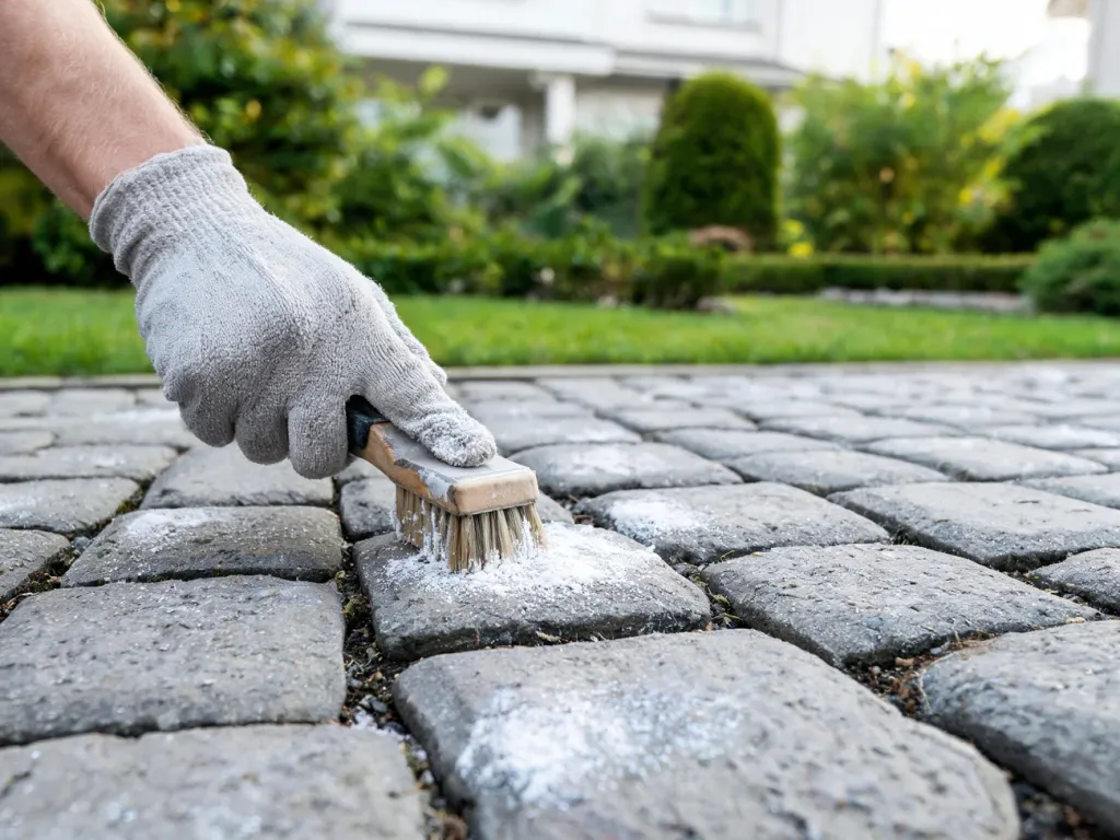Dłoń w rękawicy czyści białe wykwity na szarej kostce brukowej na podjeździe przed domem z ogrodem.