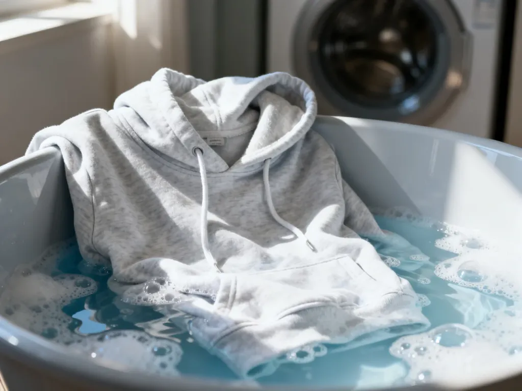 Delikatne pranie bawełnianej bluzy w misce z wodą i pianą, podkreślające dbałość o materiał podczas czyszczenia.