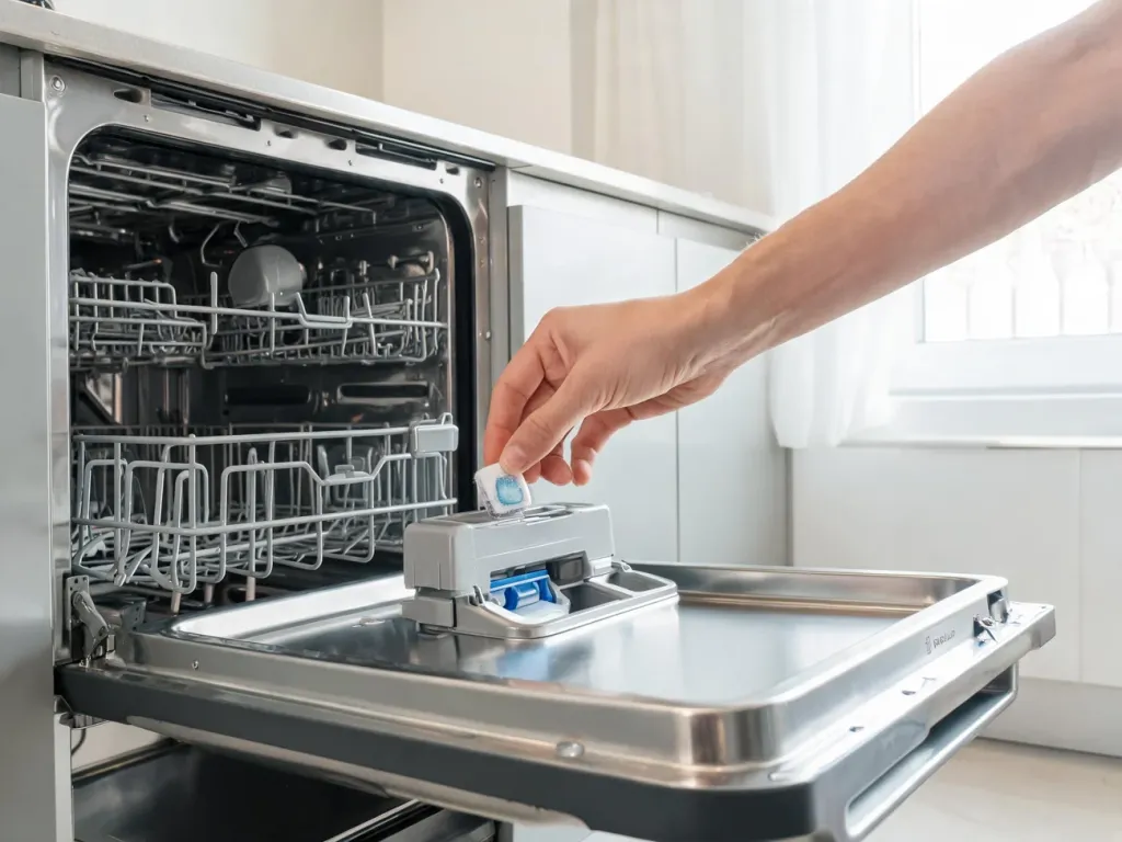 Ręka wkłada tabletkę czyszczącą do otwartej zmywarki Electrolux w jasnej, nowoczesnej kuchni.