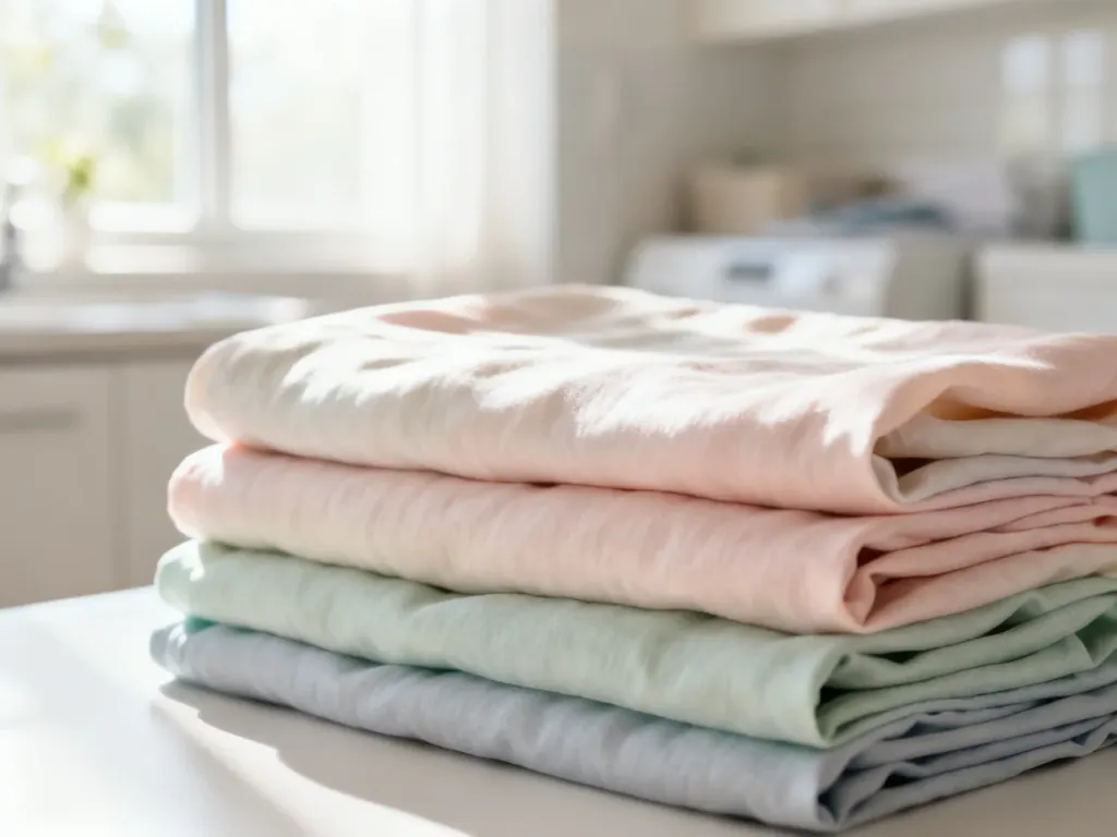 Starannie złożony, miękki materiał Tencel o delikatnym połysku w jasnym, słonecznym pomieszczeniu gospodarczym.