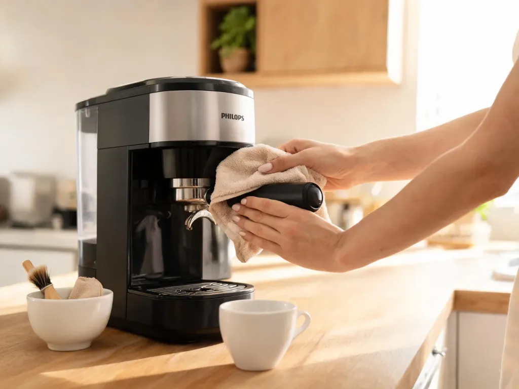 Kobieta delikatnie czyści wylot kawy w ekspresie Philips miękką ściereczką na jasnym, zadbanym blacie kuchennym.