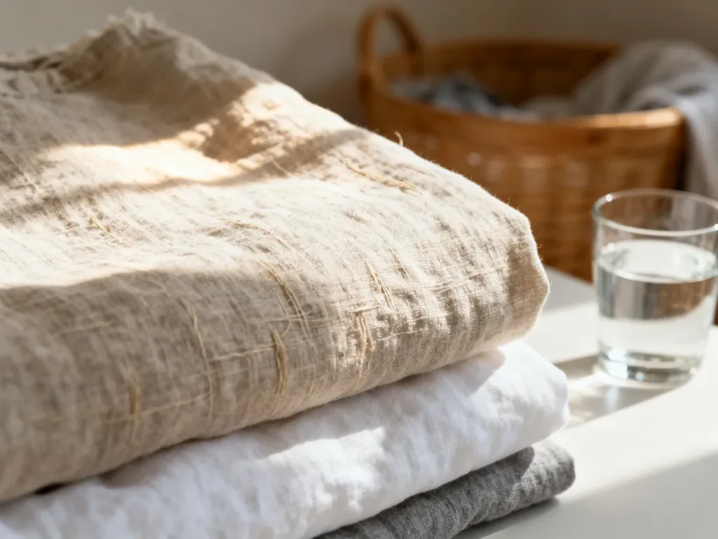 Zbliżenie na naturalną fakturę lnianej tkaniny w świetle poranka, podkreślające delikatność i wysoką jakość materiału.