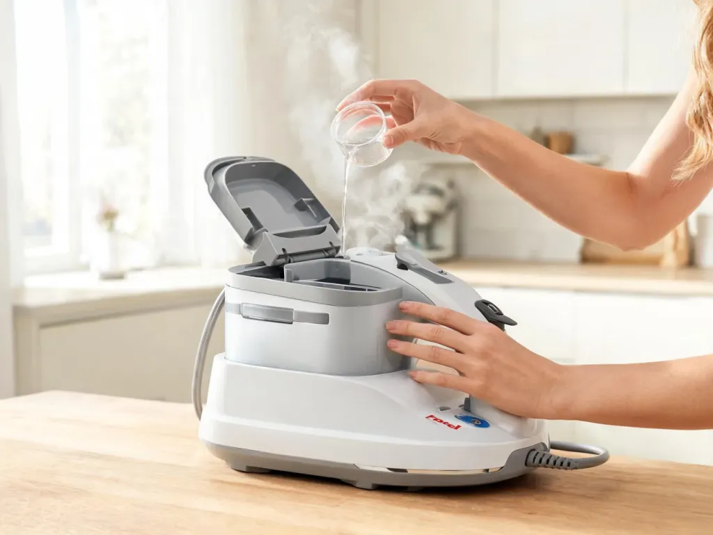 Odkamienianie stacji parowej Tefal krok po kroku na kuchennym blacie, kobiece dłonie czyszczą zbiornik na wodę