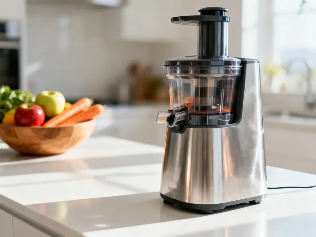 Nowoczesna wyciskarka wolnoobrotowa Tefal na jasnym blacie kuchennym w otoczeniu świeżych owoców.