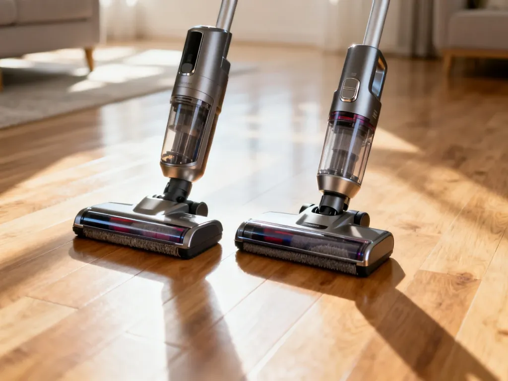 Porównanie odkurzacza Hizero i modelu Dyson stojących obok siebie na drewnianej podłodze w jasnym salonie.