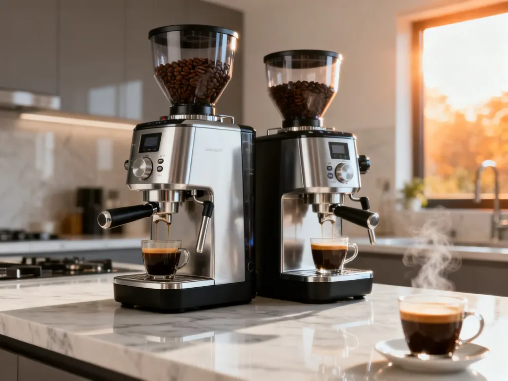 Dwa nowoczesne ekspresy do kawy Siemens i DeLonghi stojące obok siebie na marmurowym blacie w słonecznej kuchni.