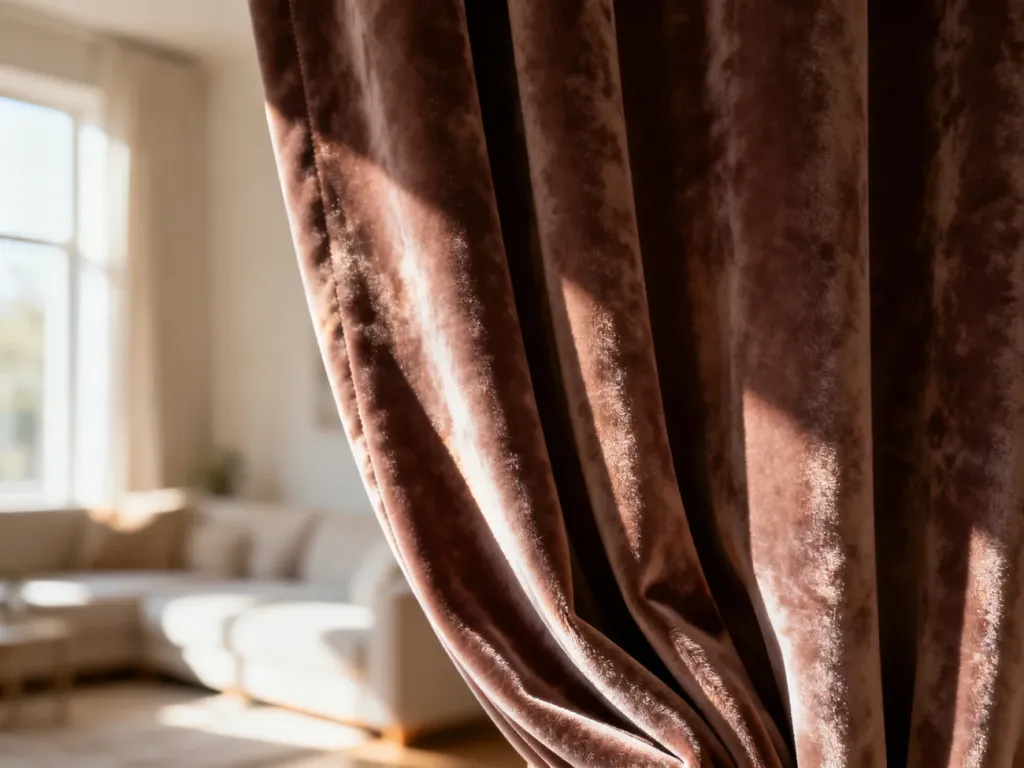 Zbliżenie na miękką i gęstą tkaninę welurową elegancko udrapowanej zasłony w słonecznym salonie.