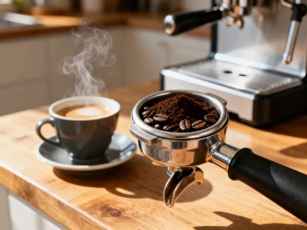 Świeżo zmielona kawa w kolbie i parujące espresso na drewnianym blacie obok nowoczesnego ekspresu w słonecznej kuchni.
