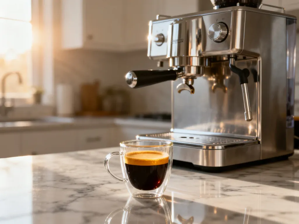 Nowoczesny ekspres ciśnieniowy Sage na marmurowym blacie z filiżanką świeżego espresso w promieniach porannego słońca.