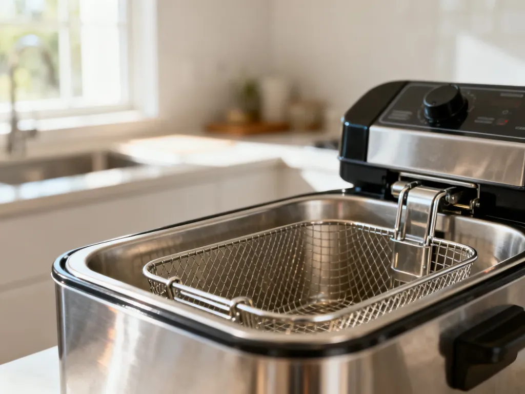 Wnętrze frytkownicy Tefal z widocznym mechanizmem kosza do filtrowania oleju w nowoczesnej kuchni.