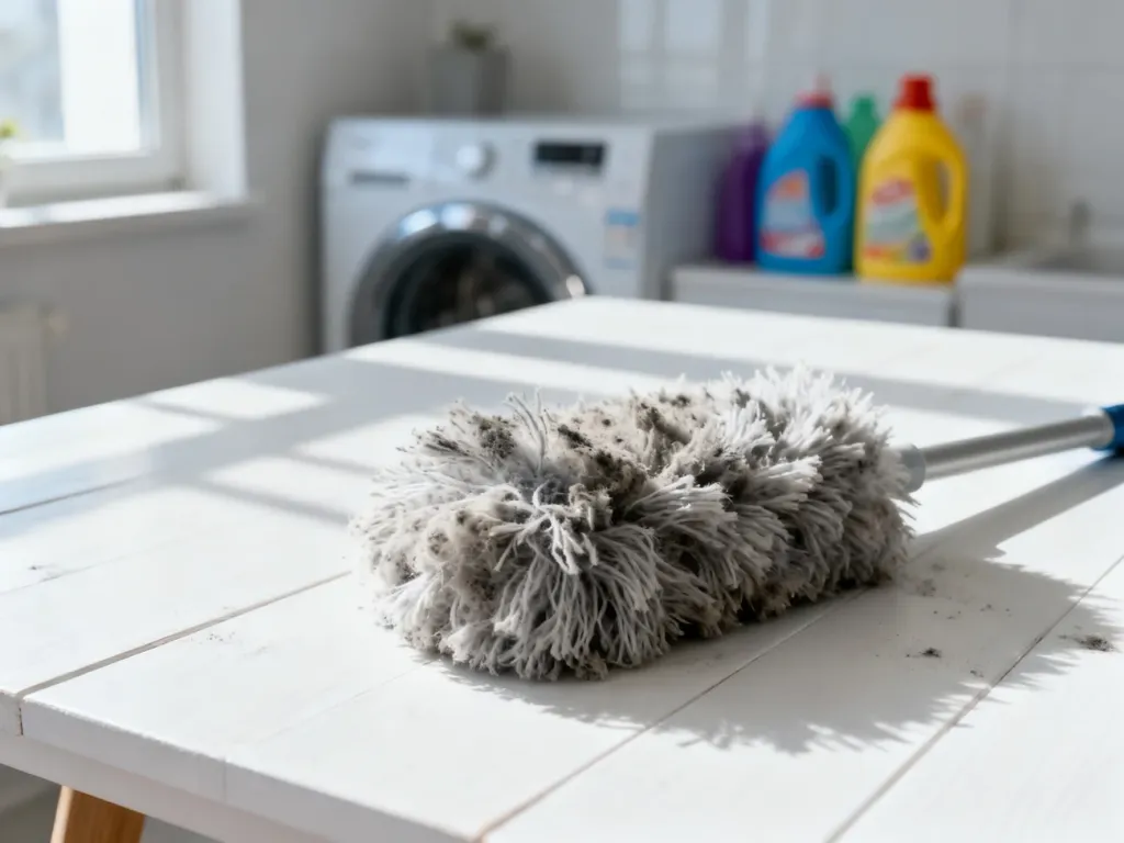 Zużyta końcówka do kurzu Swiffer leżąca na białym stole w pobliżu pralni, obrazująca stan wkładu przed czyszczeniem.