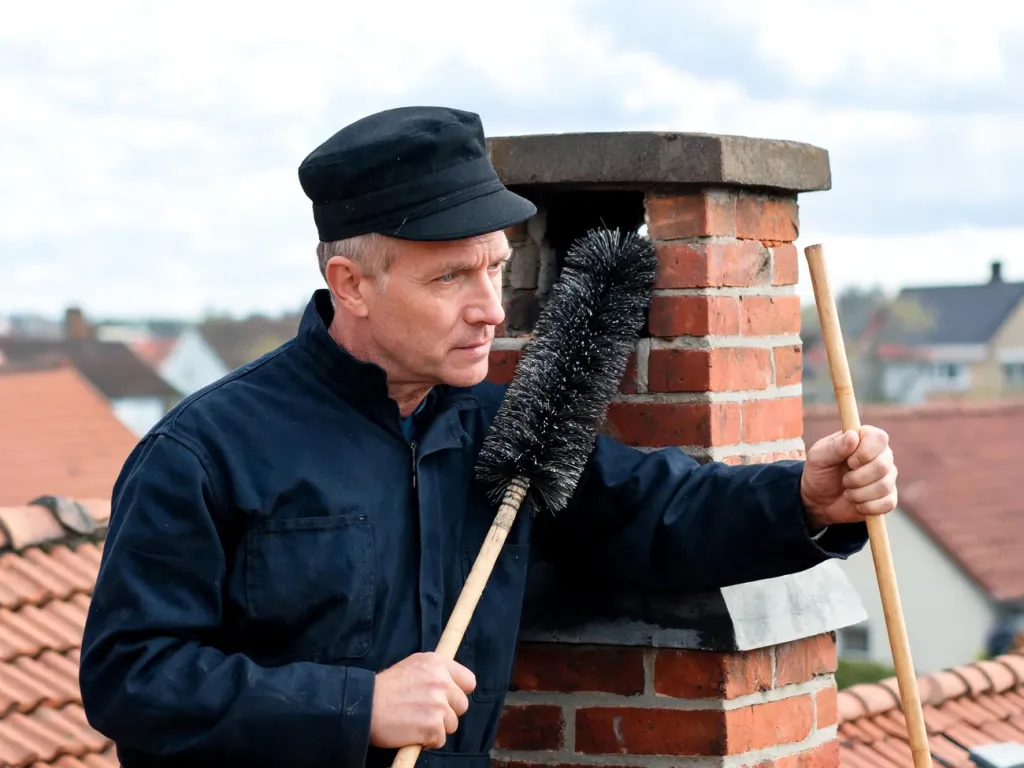 Kominiarz na dachu sprawdza murowany komin, trzymając narzędzia do czyszczenia, na tle osiedla domów jednorodzinnych.