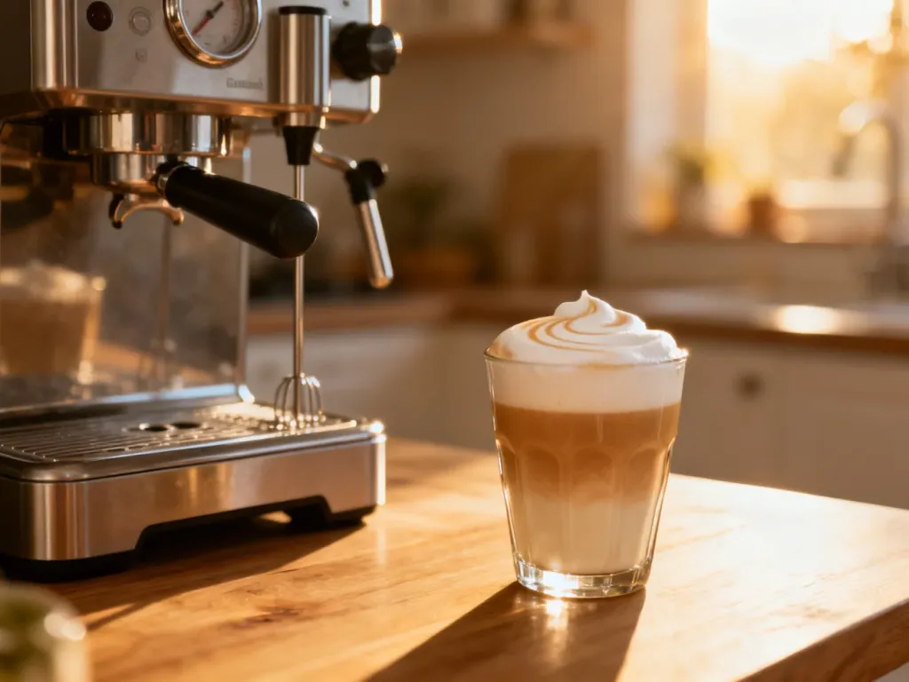 Elektryczny spieniacz do mleka obok szklanki latte z artystyczną pianką w słonecznej kuchni.